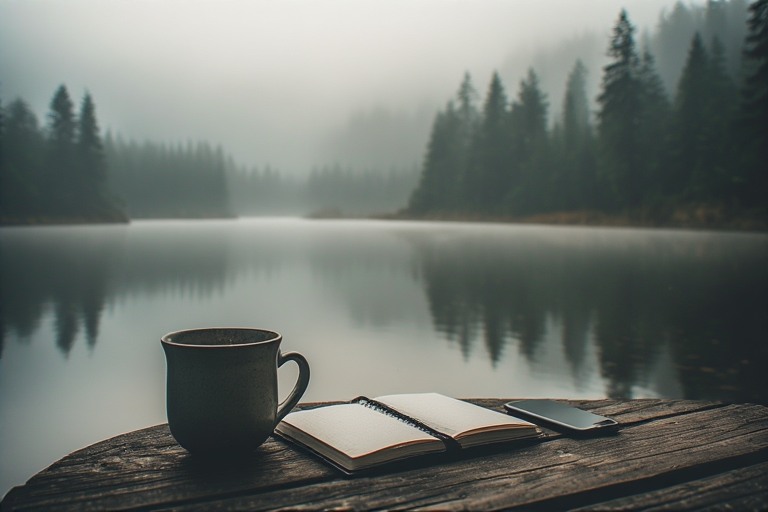 Digital minimalism workspace with notebook and phone face down at dawn