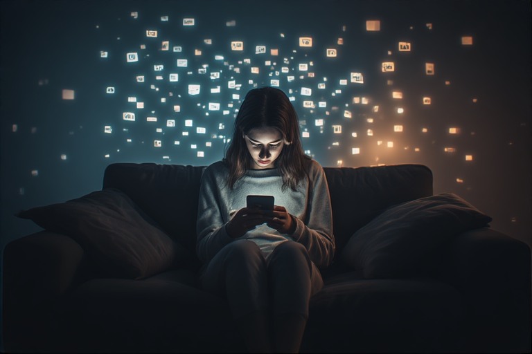 Person illuminated by smartphone in dark room representing digital overload