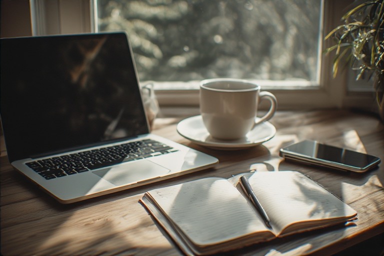 Minimalist desk setup with laptop and notebook representing digital minimalism