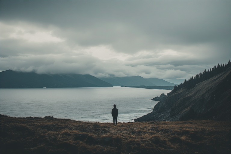 Minimalist coastline landscape with person facing horizon