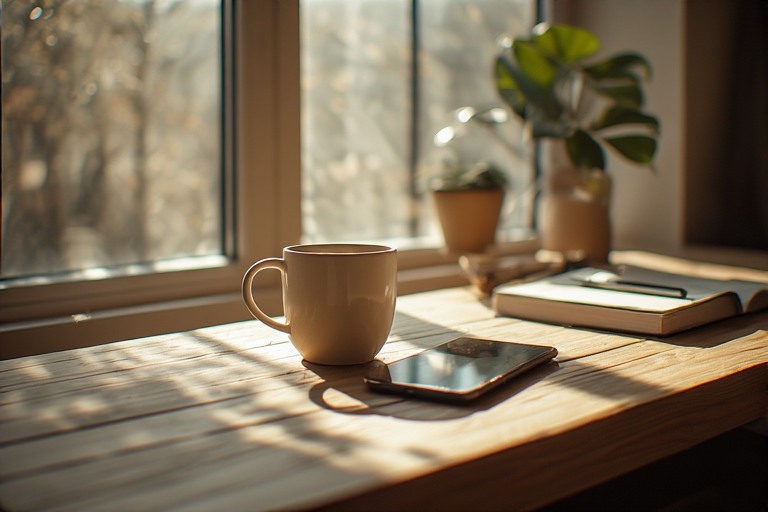 Minimalist desk setup with coffee cup and smartphone