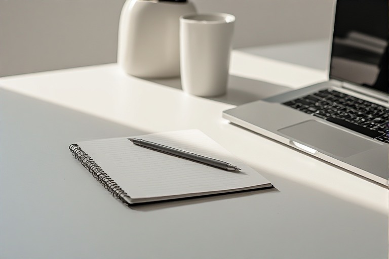 Digital minimalist desktop with a pen on a notepad next to a laptop
