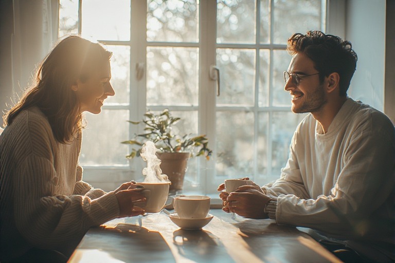 Two friends sitting down for coffee without digital devices representing stronger relationships