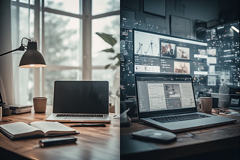 Calm minimalist digital workspace contrasted with overwhelming digital clutter