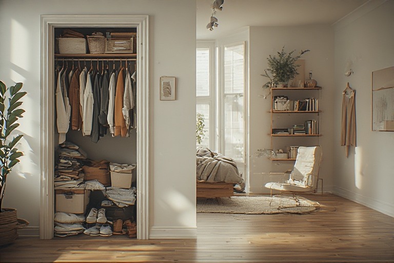 Clutter hidden away compared to a thoughtfully organized minimalist room