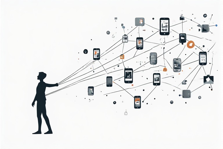 An illustration of a human silhouette being pulled by strings connected to smartphones, social media icons, and notifications, representing how people are being tracked, pulled, and monetized.