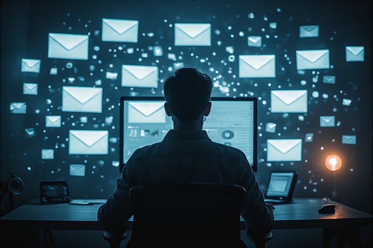 A person sitting alone at a desk surrounded by softly glowing screens, email icons, message bubbles, streaming thumbnails all floating in background, representing the overload of tech that causes mental burnout.