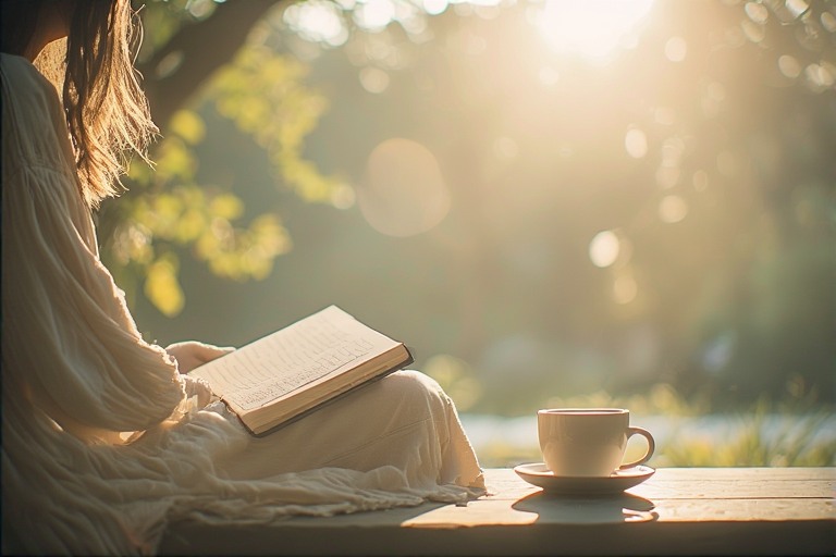 A person reading a book with their coffee nearby representing that they have reclaimed their time from the screen and are choosing to read instead as part of the digital minimalism lifestyle