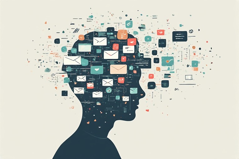 An illustration of a human head silhouette filled with chaotic digital elements, floating app icons, notification bubbles, email symbols, browser tabs overlapping, representing digital clutter and mental overload