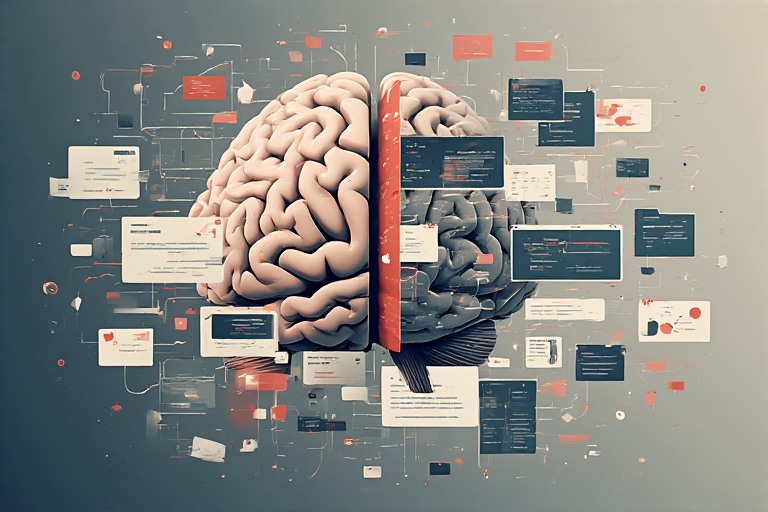 An abstract illustration of a split screen brain with multiple browser tabs, notifications and windows pulling attention in different directions representing the cognitive cost of digital chaos.