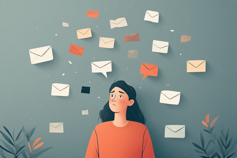 A person overwhelmed by floating notifications, email icons, message bubbles, representing them suffering from information fatigue due to digital noise.