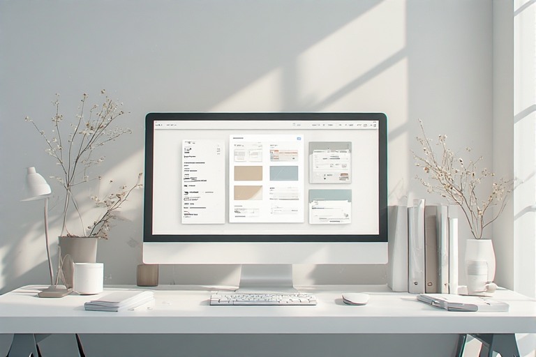 A clean minimalist workspace with a calm digital interface, representing a way to reclaim your mental bandwidth through digital minimalism.