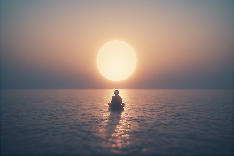 A minimalist conceptual illustration of focused attention. It shows someone sitting cross legged in the dunes at sunset