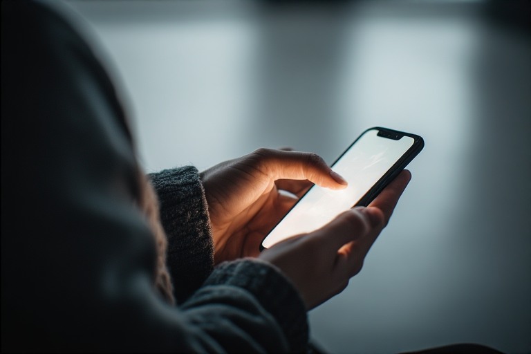 A person holding a smartphone with the screen softly glowing, finger hovering just above the screen without touching it, representing a moment of pause and intention