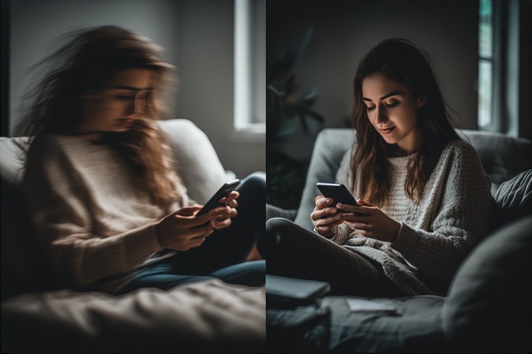 A split composition image, left side shows blurred motion of a person scrolling a phone unconsciously, right side shows person calmly using a phone with focus and intention.
