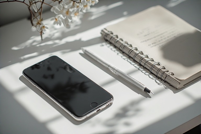 A minimalist still life photograph, smartphone placed beside simple everyday tools like a notebook representing intentional composition, technology as a tool, and a balance between digital and analog