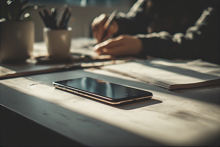 A phone placed out of reach while a person works nearby showing focus on restraint and intention