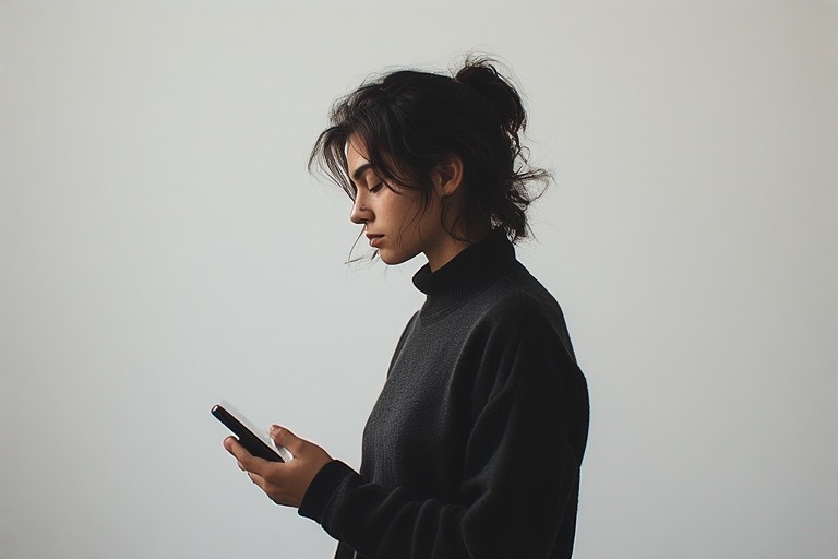 A calm reflective image of a person holding their phone and making a decision on how to use it with intent