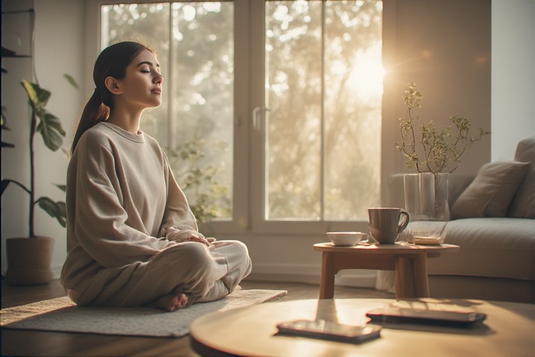 Calm moment representing peace and balance from intentional technology use that comes from digital minimalism