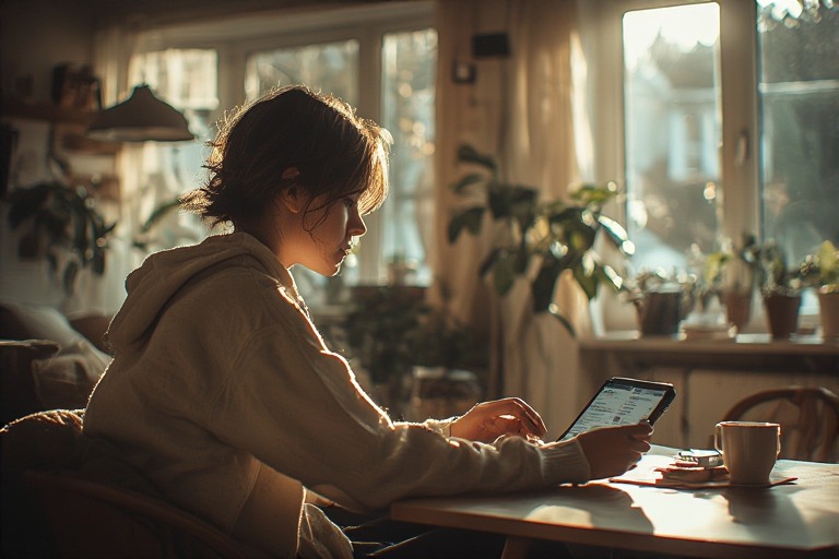 Person in modern home environment using technology naturally proving that being a digital monk is one of the digital minimalism myths.