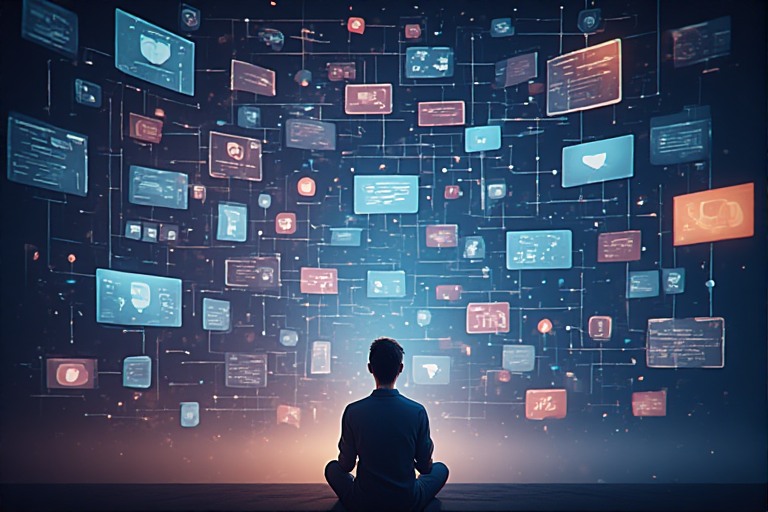 abstract visualization of multiple content streams converging toward a single person, floating screens, icons, and information paths. Representing competition in the attention economy