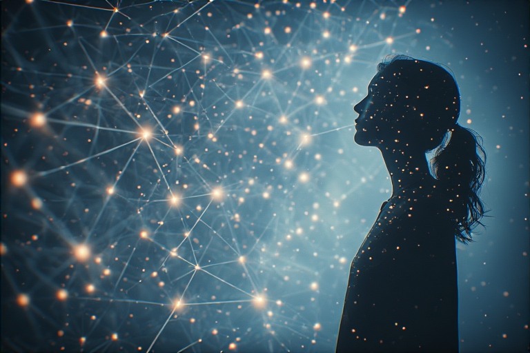 Interconnected nodes and pathways subtly influencing a human figure