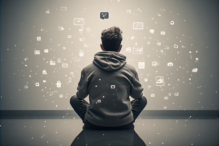 person sitting calmly while subtle digital notifications and icons float around them, representing fragmented focus