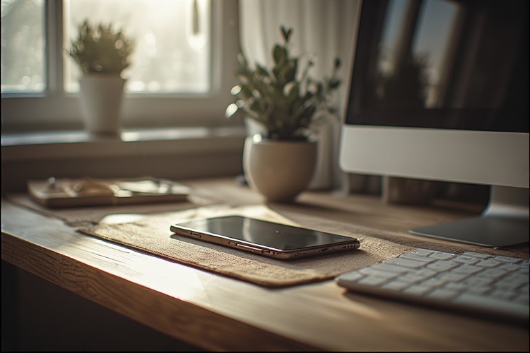 Minimalist workspace with phone off, representing intentional tech use