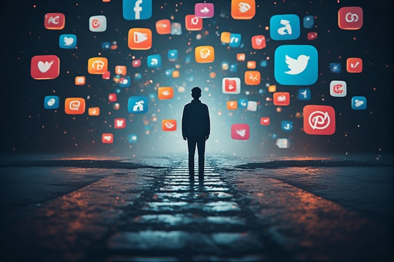 person standing calmly at a crossroads of floating app icons, representing choice of what your digital priorities are going to be.