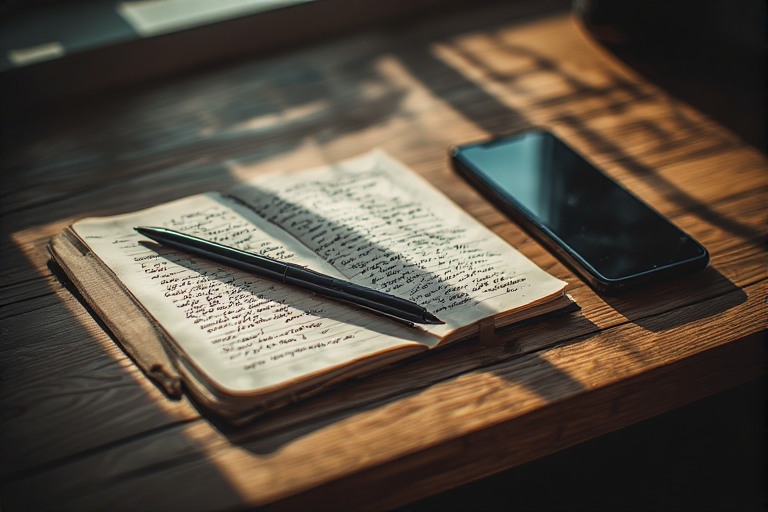 notebook with handwritten values, pen on top and phone nearby.