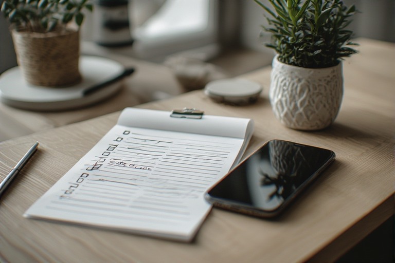 minimal checklist with a few items checked, smartphone showing blank screen, representing intentional simplicity.