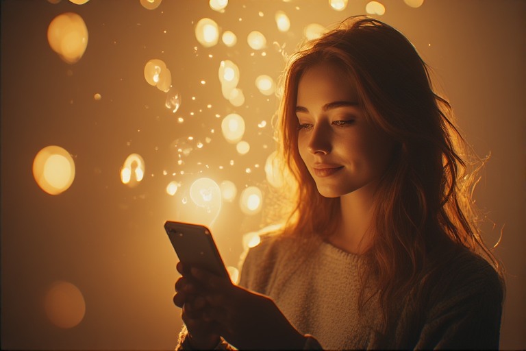 calm person holding smartphone confidently, notification icons dissolved into soft light, representing intentional technology use