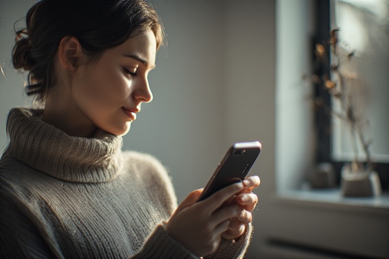 A calm person holding a smartphone with notifications muted, symbolizing intentional and balanced technology use