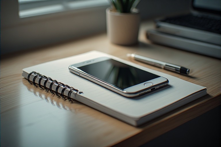 Minimalist desk with phone resting on top of notebook, representing building a healthier relationship with technology by switching to pen and paper