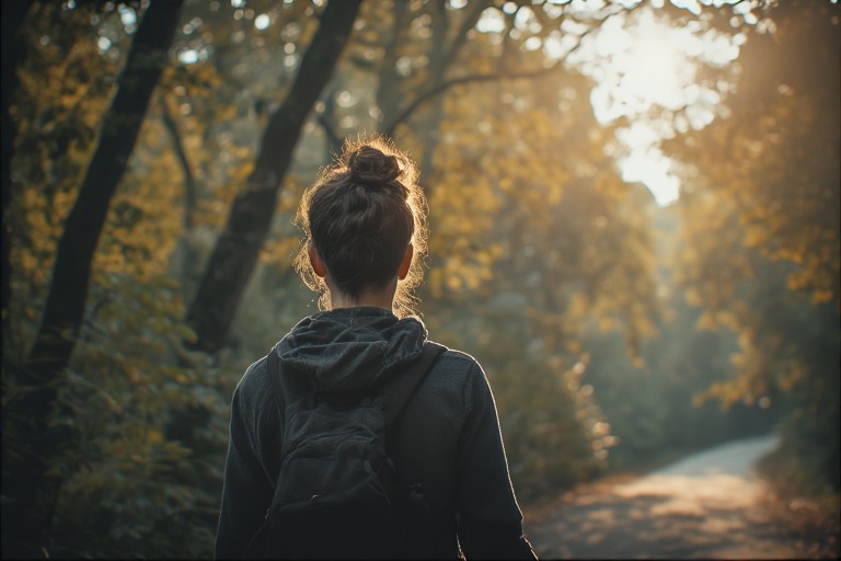 A person walking mindfully outdoors without headphones, embracing time offline