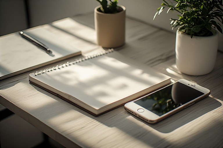 Minimalist desk representing ntentional living concept, digital minimalism, essentialism philosophy
