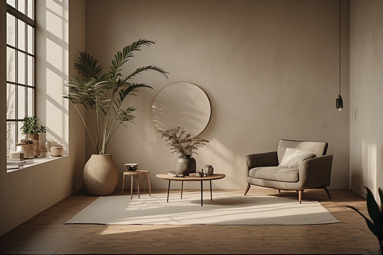 An uncluttered living space with strong negative space and very few intentional objects. 