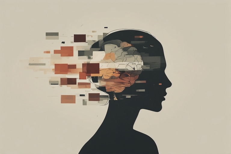 A human head silhouette, fragmented overlapping shapes inside head, representing fast task switching