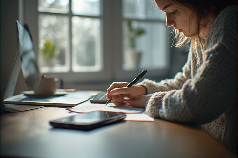 Person writing with their phone out of reach, single tasking