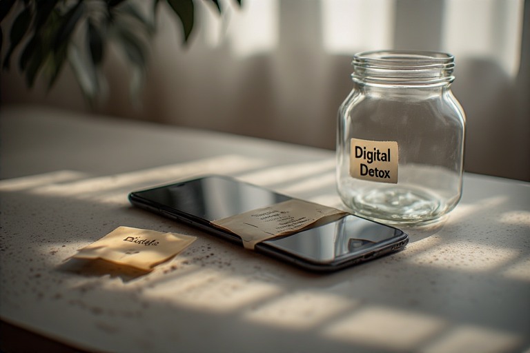 A smartphone wrapped in a nutrition-style warning label, Next to it, a half-empty glass jar labeled “Digital Detox – 3 Days