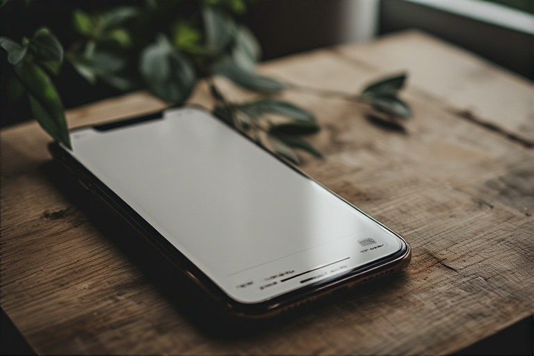 A minimalist smartphone resting on a clean surface with an empty home screen