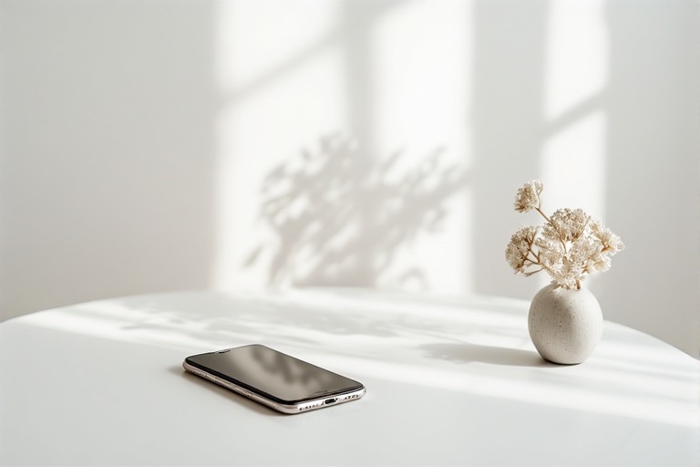 Phone resting face-up  in a serene environment—suggesting balance, not dominance