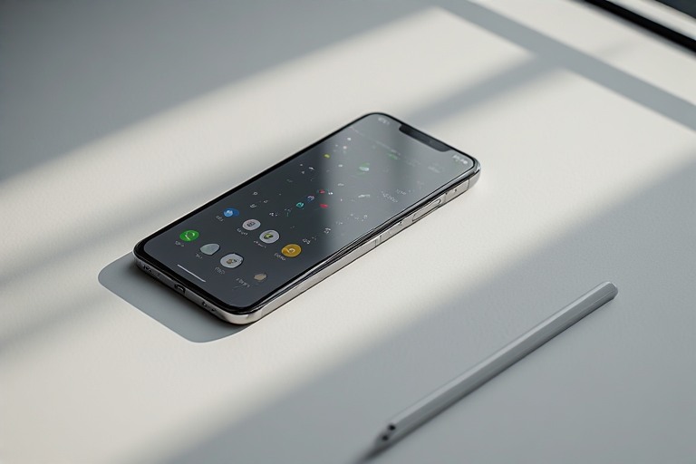 A modern smartphone on a clean desk, screen minimal and purposeful