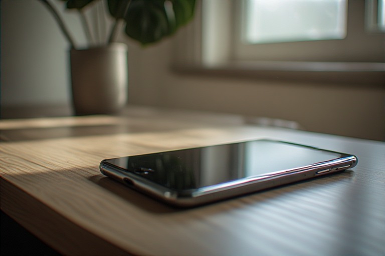 A phone resting face-up on a table, screen off, quiet environment—inviting pause rather than action.