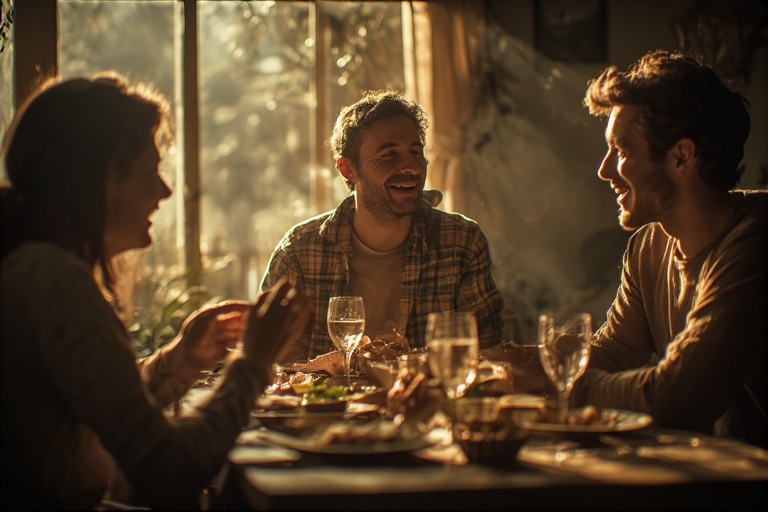people talking and laughing at dinner