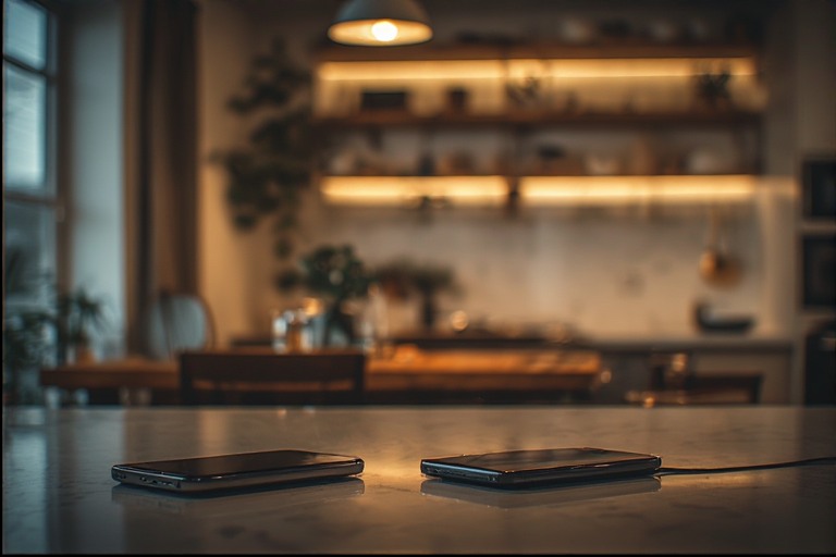 smartphones charging on a kitchen counter in another room