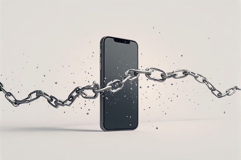 smartphone breaking free from a chain representing breaking free from an endless scroll loop