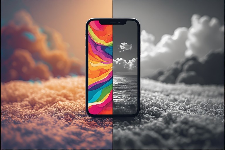 split-screen smartphone interface, one side colorful and stimulating, other side grayscale and calm