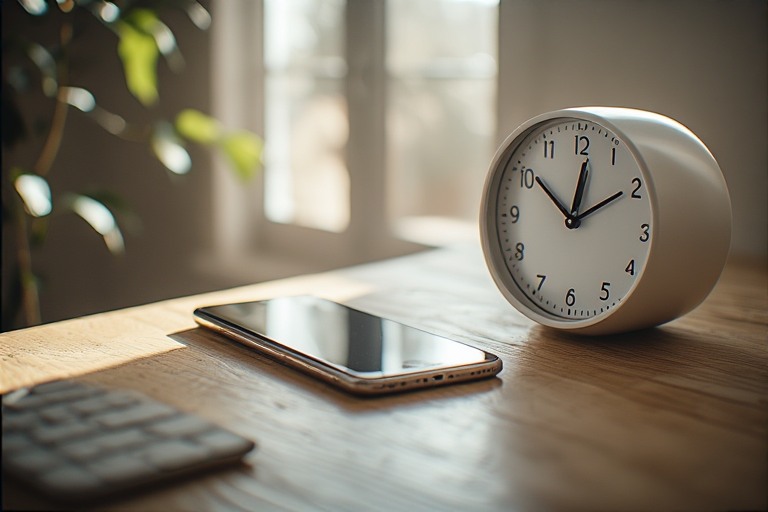 minimalist desk scene, analog clock and smartphone