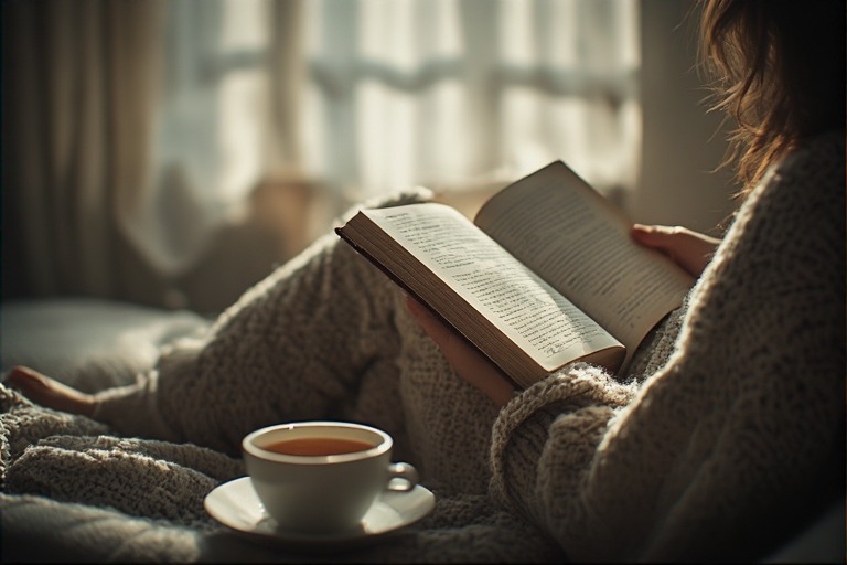 Person reading a book, a cup of tea nearby representing what reclaimed time looks like